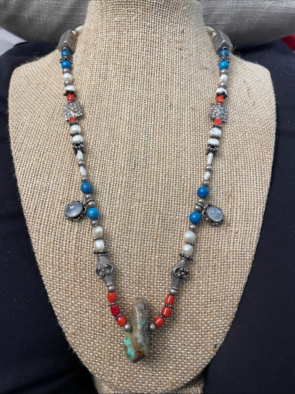 Handcrafted Turquoise & Coral Bead Pendant Necklace - Women Jewelry